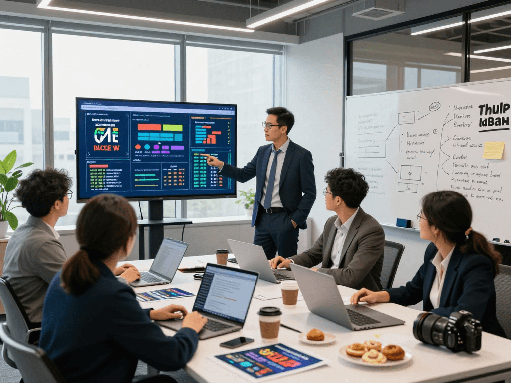 Campaign management pricing analysis in a vibrant team office meeting, showcasing collaborative discussions and data-driven insights.