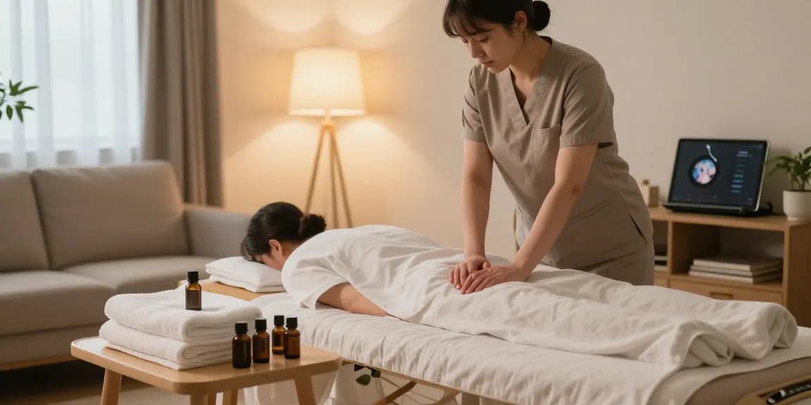 송파출장마사지 session in a calming home environment with a therapist preparing.
