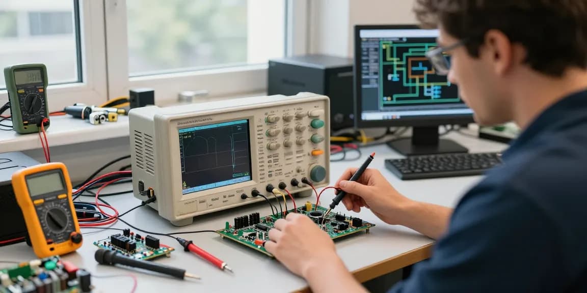 Technician using a Portable Oscilloscope in a bright electronics workshop with testing tools and circuit boards.